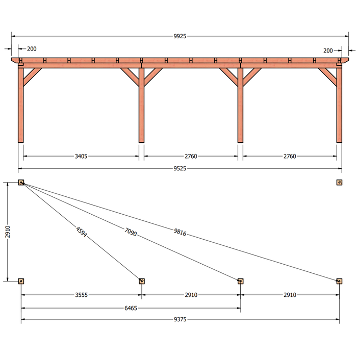 Douglas veranda bouwpakket 950x305cm tekening