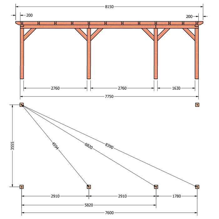 Douglas aanbouwveranda constructie 775x370cm