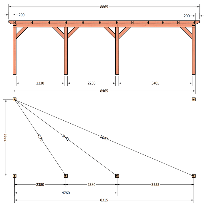 Bouwpakket douglas aanbouwveranda constructie plattegrond