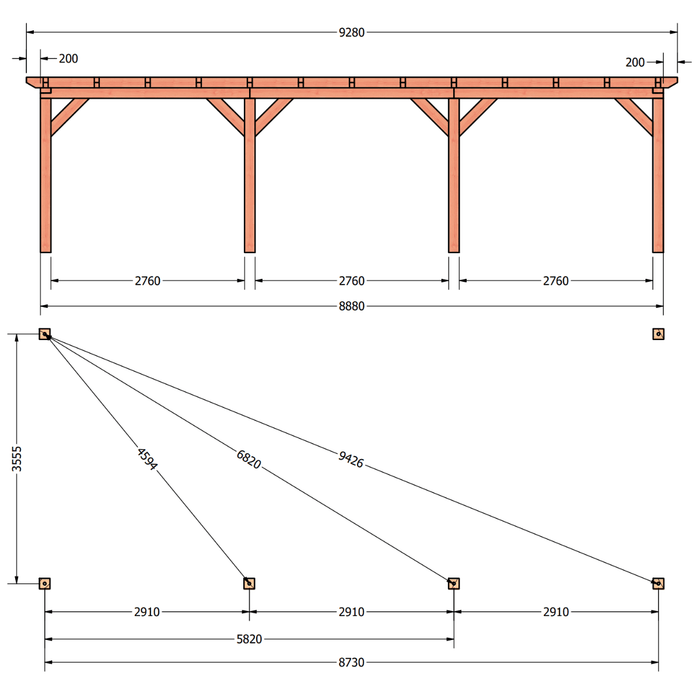 Bouwpakket douglas aanbouwveranda 890x370cm tekening