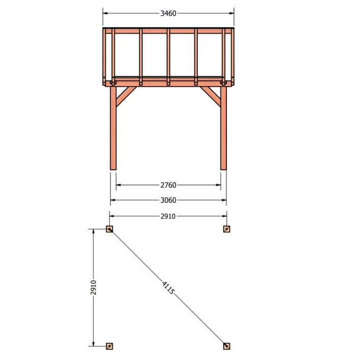 tekening Douglas Zadeldak constructie  - 345x305cm