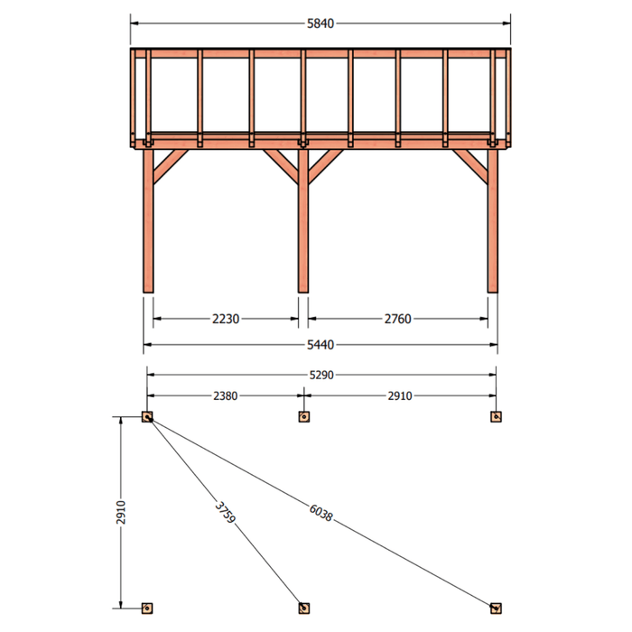 tekening Douglas Zadeldak constructie - 525x305cm