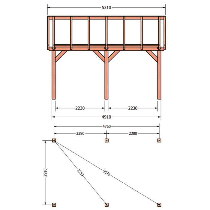 tekening Douglas Zadeldak constructie - 530x305cm