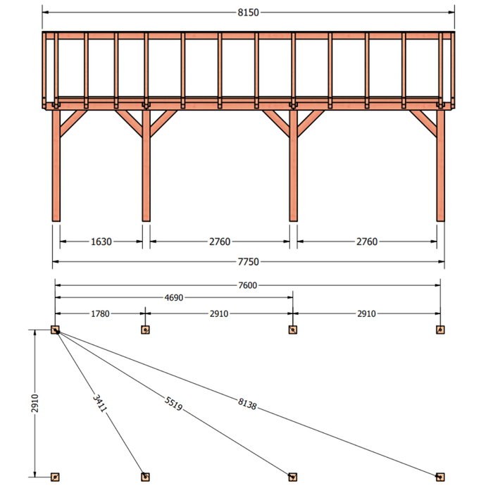 tekening Douglas Zadeldak constructie - 815x305cm