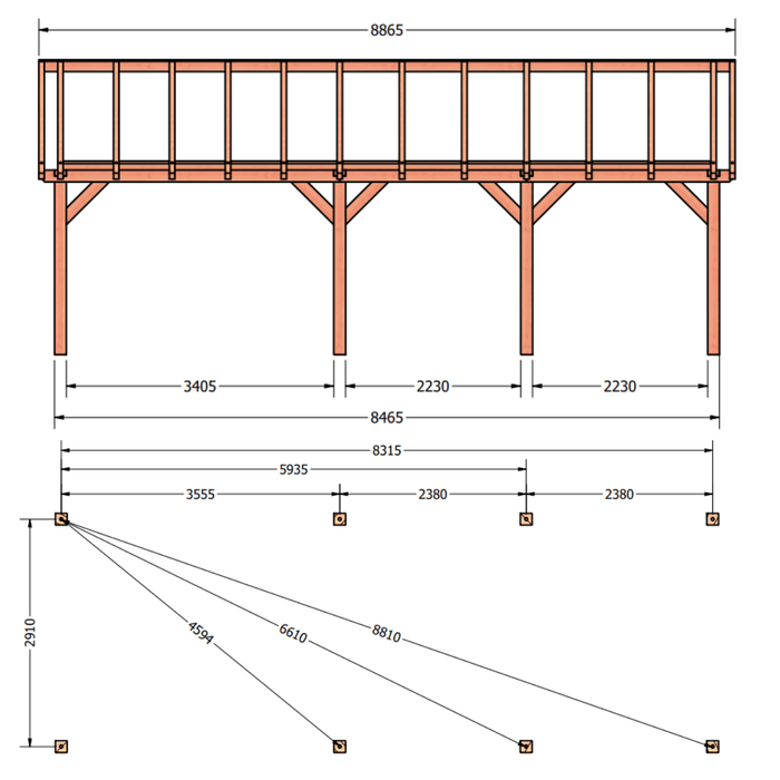 tekening Constructie Douglas Zadeldak - 885x305cm