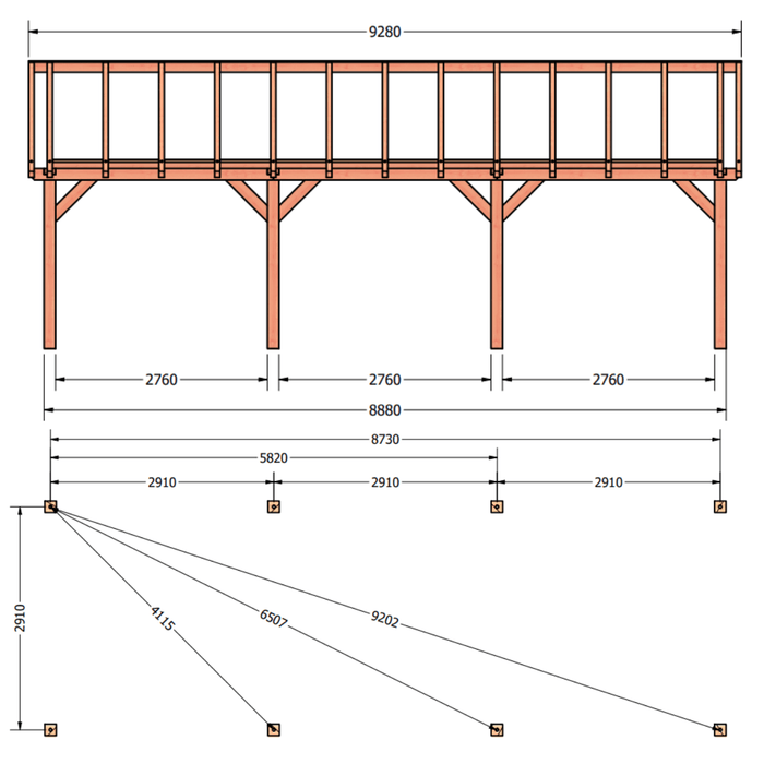 tekening Douglas Zadeldak constructie - 930x305cm