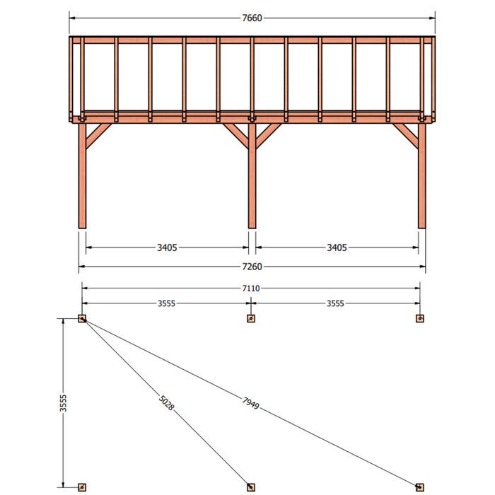 tekening Douglas Zadeldak constructie - 765x370cm
