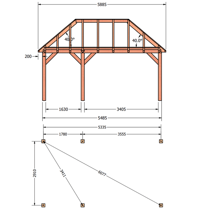 bouwpakket douglas schuur schilddak constructie 550x306cm afmetingen