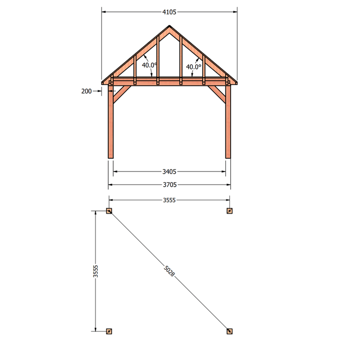 bouwpakket douglas schilddak constructie 370x370cm tekening
