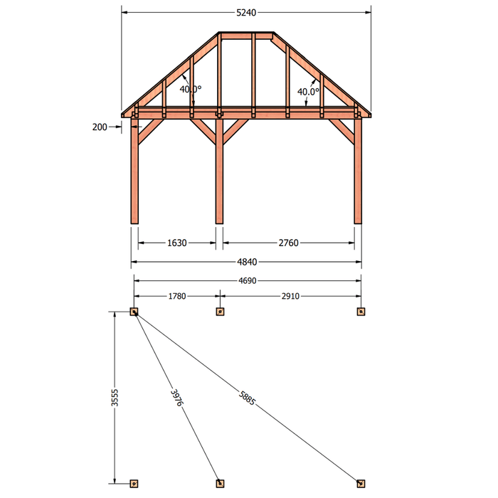 bouwpakket douglas schilddak constructie 485x370cm tekening