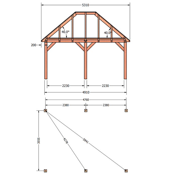 bouwpakket douglas schilddak constructie 490x370cm afmetingen