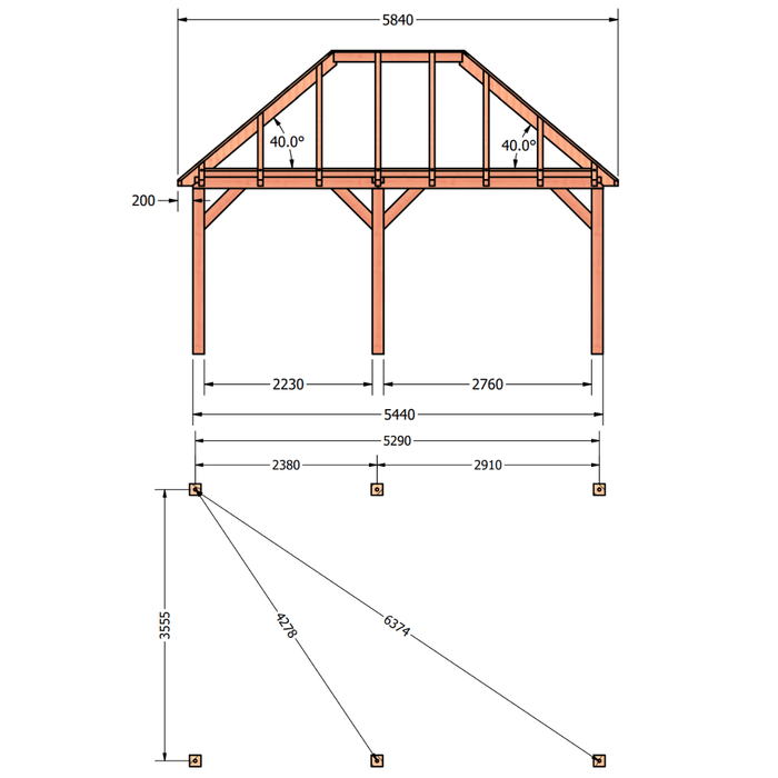 bouwpakket douglas schilddak constructie 545x370cm tekening