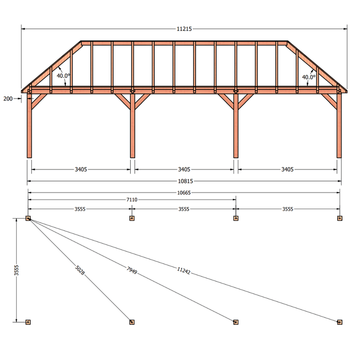 bouwpakket douglas schilddak constructie 1080x370cm tekening