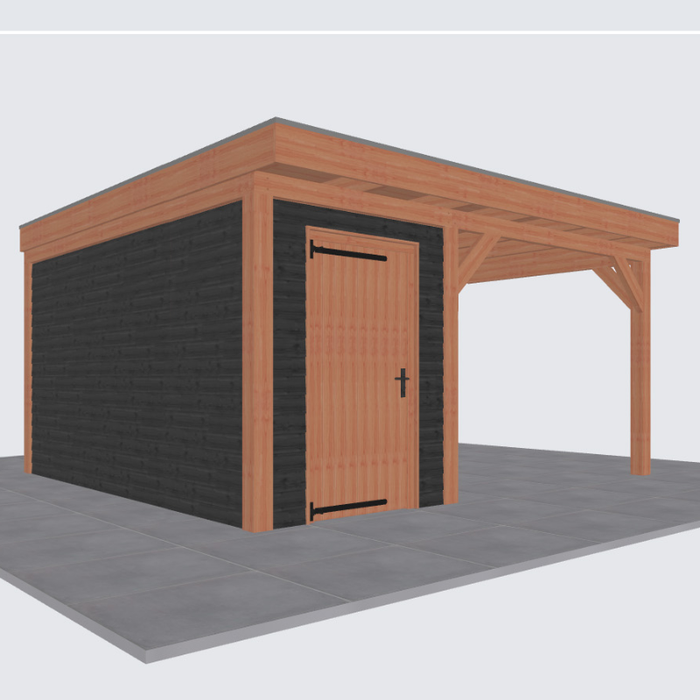 douglas overkapping met schuurtje links en zwarte wanden