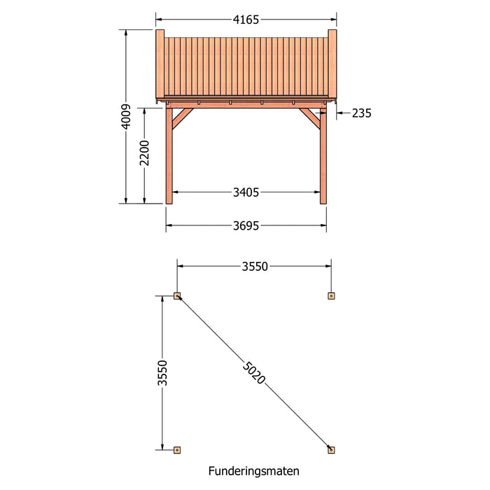 Douglas Zadeldak Klassiek Classic - 415x370cm - technische tekening 1