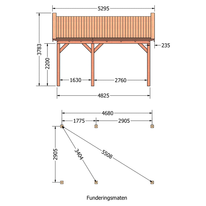 Douglas Zadeldak Klassiek Classic - 530x305cm - technische tekening 1