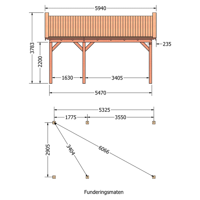Douglas Zadeldak Klassiek Classic - 595x305cm - technische tekening 1