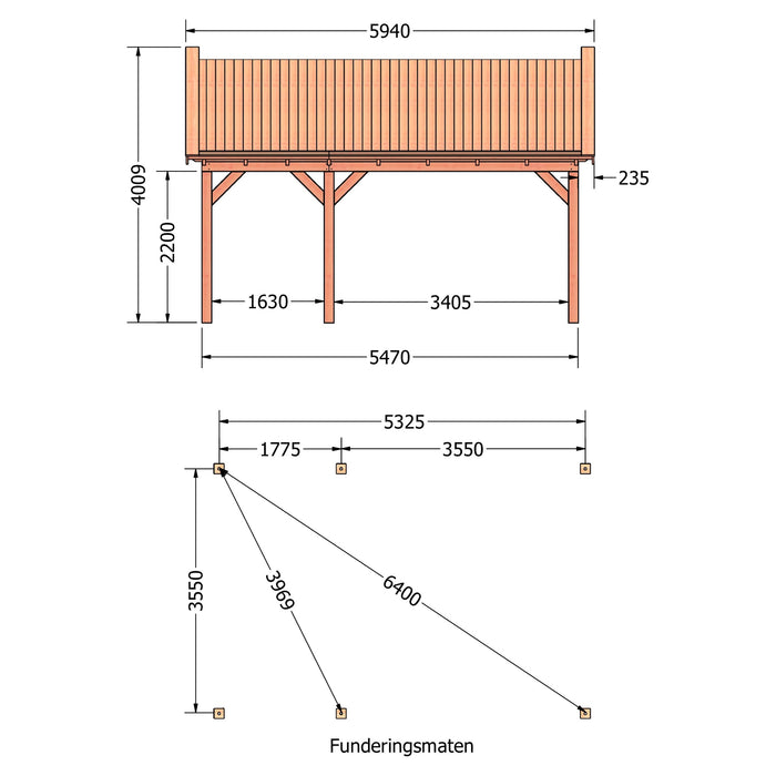 Douglas Zadeldak Klassiek Classic - 595x370cm - technische tekening 1