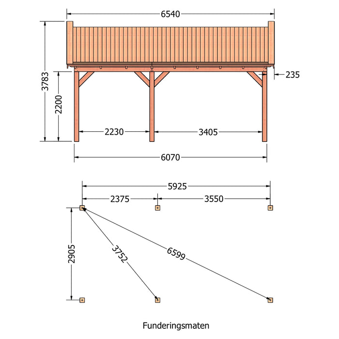 Douglas Zadeldak Klassiek Classic - 655x305cm - technische tekening 1