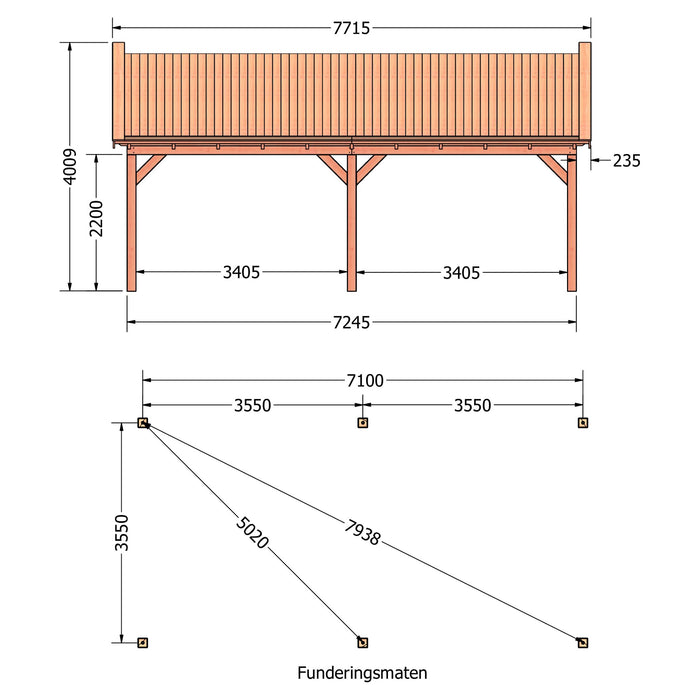 Douglas Zadeldak Klassiek Classic - 770x370cm - technische tekening 1