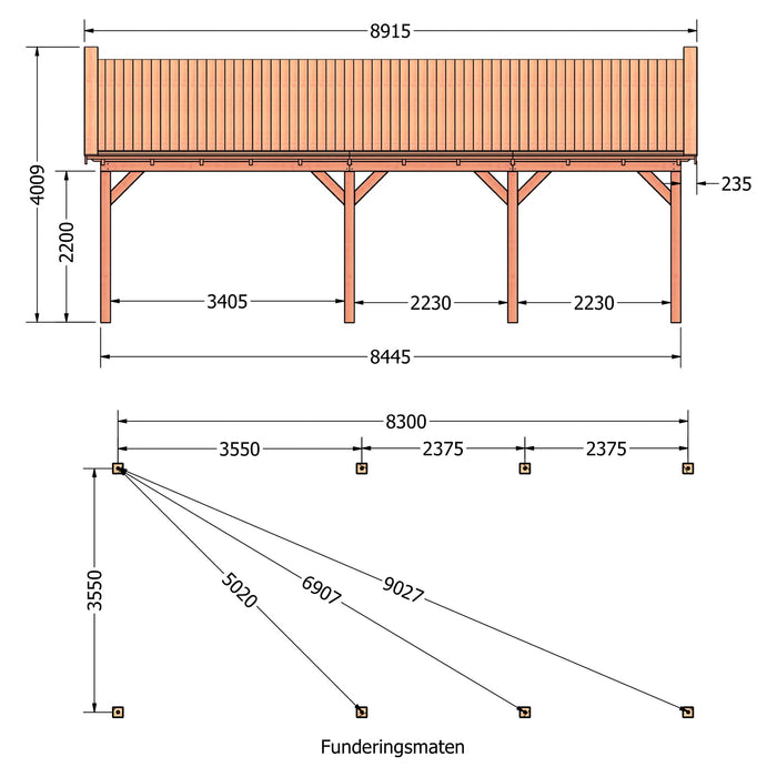 Douglas Zadeldak Klassiek Classic - 890x370cm - technische tekening 1