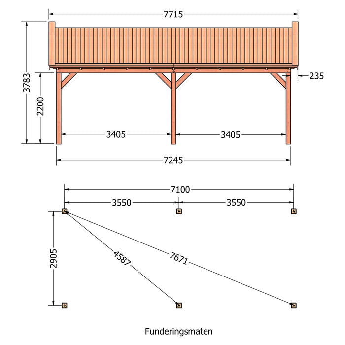 Douglas Zadeldak Klassiek - 770x305cm - technische tekening 1