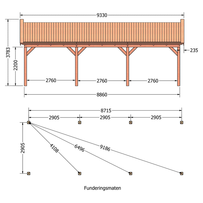 Douglas Zadeldak Klassiek - 935x305cm - technische tekening 1