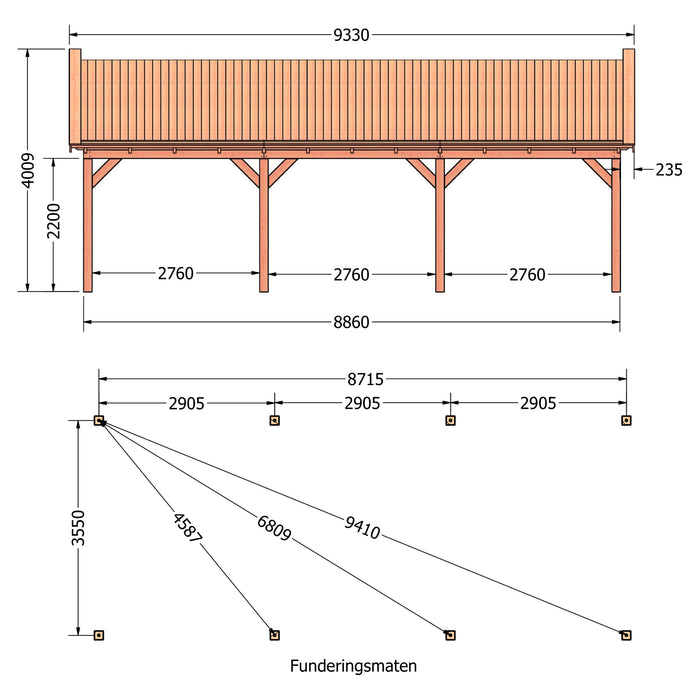 Douglas Zadeldak Klassiek - 935x370cm - technische tekening 1
