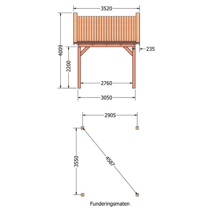 Douglas Zadeldak Klassiek Zwart - 350x370cm - technische tekening 1