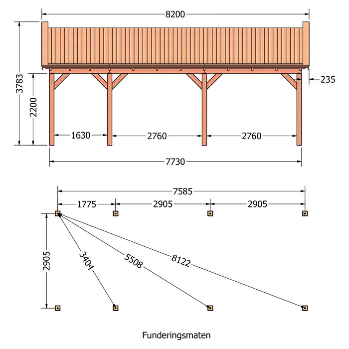 Douglas Zadeldak Klassiek Zwart - 820x305cm - technische tekening 1