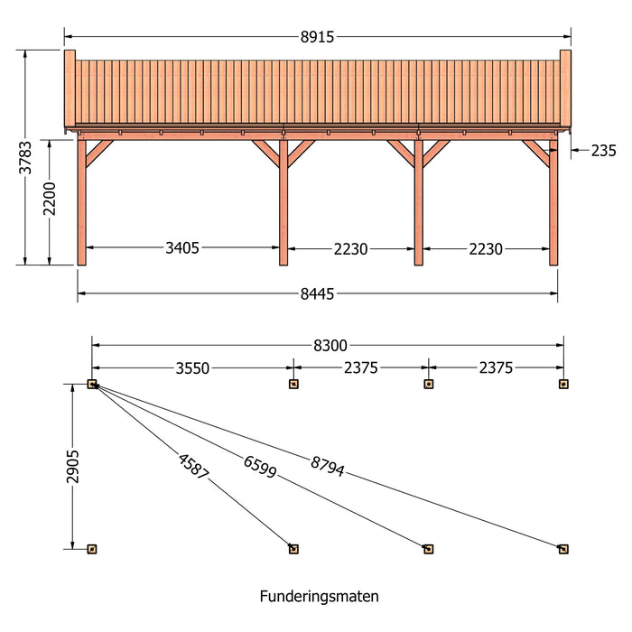 Douglas Zadeldak Klassiek Zwart - 890x305cm - technische tekening 1