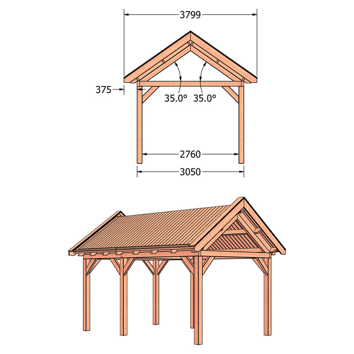 Douglas Zadeldak Klassiek Classic - 530x305cm - technische tekening 2