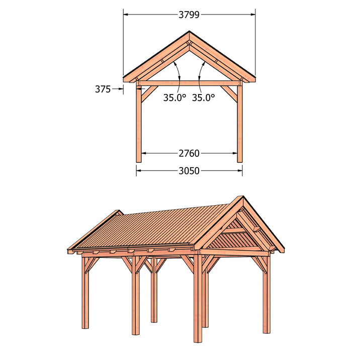 Douglas Zadeldak Klassiek Classic - 535x305cm - technische tekening 2