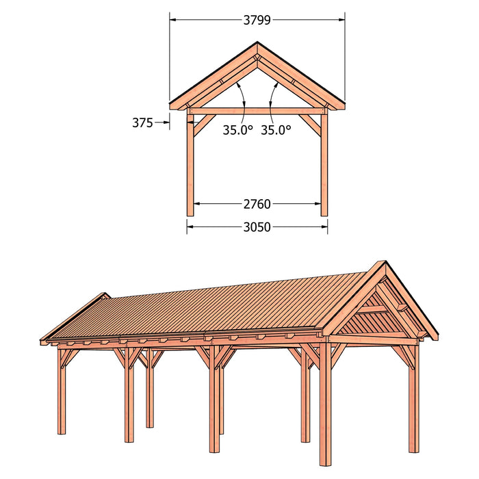 Douglas Zadeldak Klassiek Classic - 935x305cm - technische tekening 2