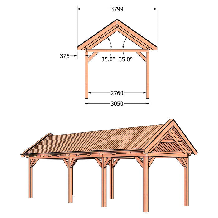 Douglas Zadeldak Klassiek Zwart - 890x305cm - technische tekening 2