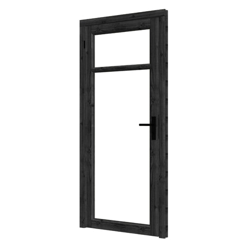 enkele zwarte steel look deur met een sier balkje voor het raam