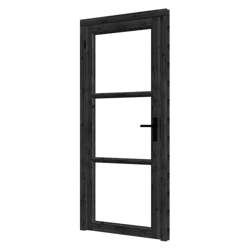 zwarte enkele steel look deur met twee sier balkjes voor de ramen